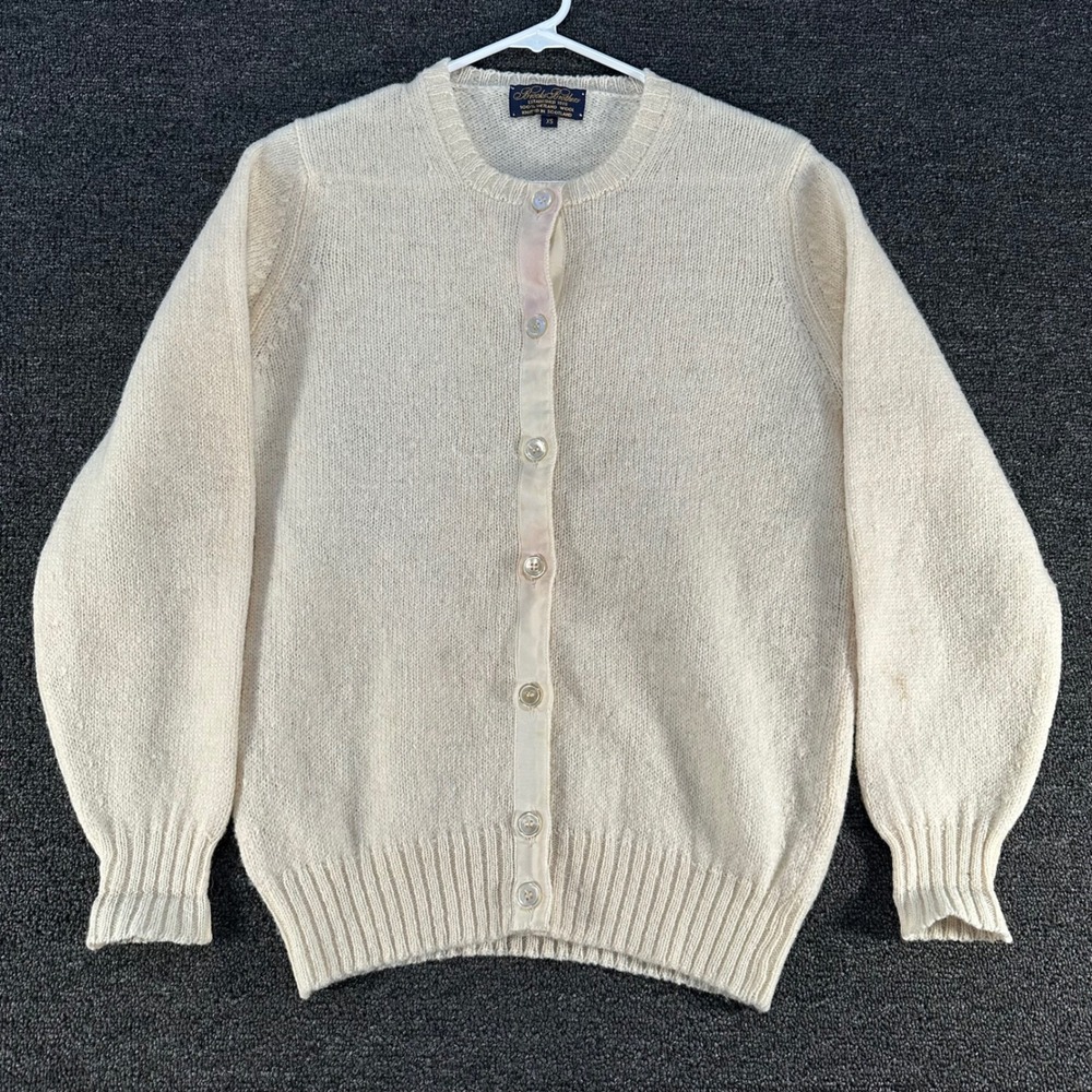 Brooks Brothers Shetland Wool Cardigan Womens XS Cream Good Scotland Crew Neck